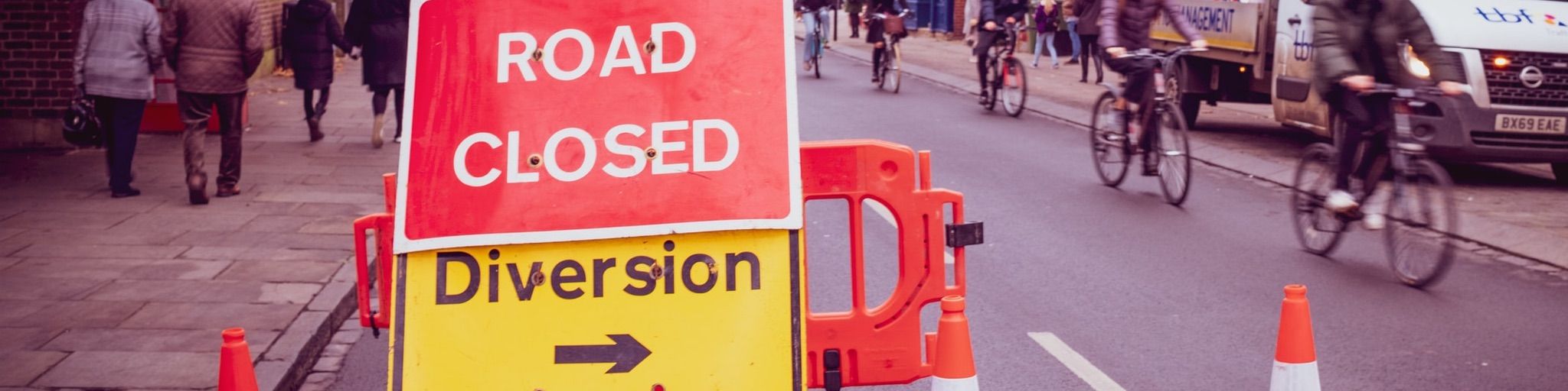 Road Closed. Diversion. Road signs.